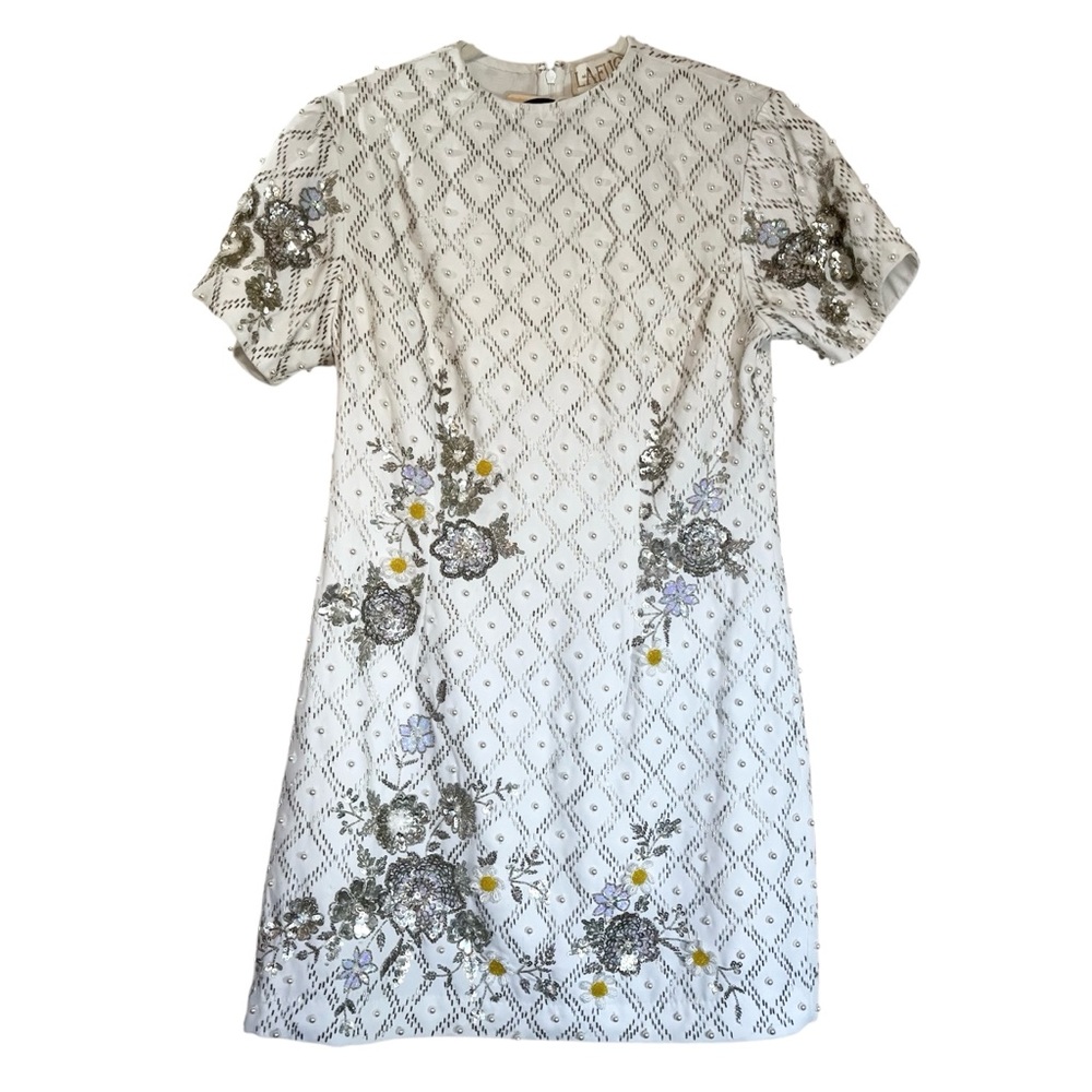 La Fuori Embellished Pearl Sequin Shift Dress Ivory Floral Size L NWT